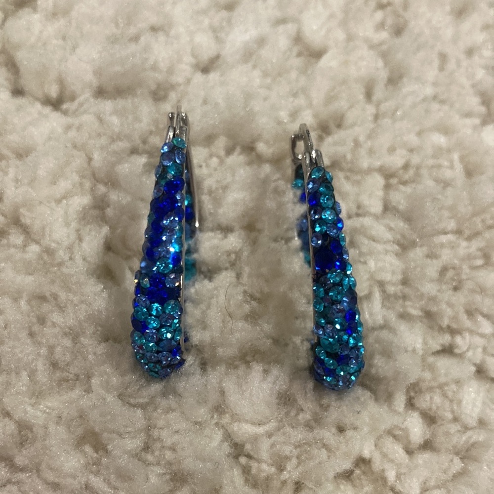 Blue Swarovski Crystals inside out Hoop Earrings in 18K white gold-plating